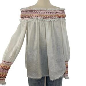 Zimmermann Goldie Rainbow Off The Shoulder Smocked White Linen Blouse Top Size 1